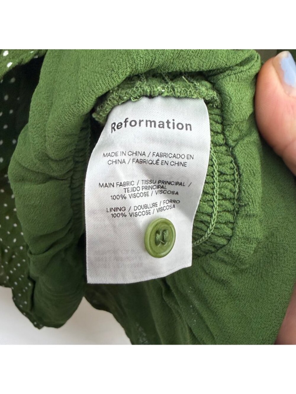 Reformation Hearth Blouse Peat Green with White Polka Dot Pattern Top Size 10 - Picture 4 of 5
